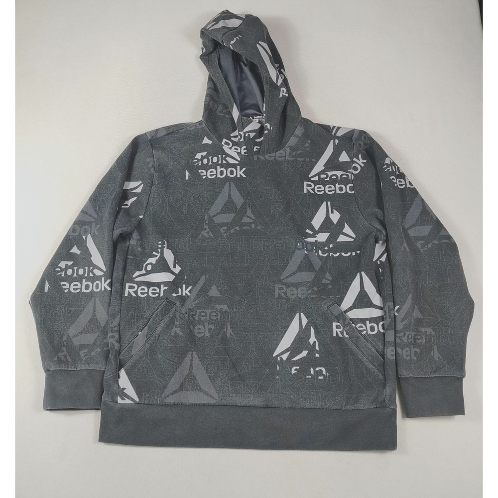 Reebok Hoodie Sweatshirt Men's XL‎ Black All Over Logo Pullover Athletic Casual
